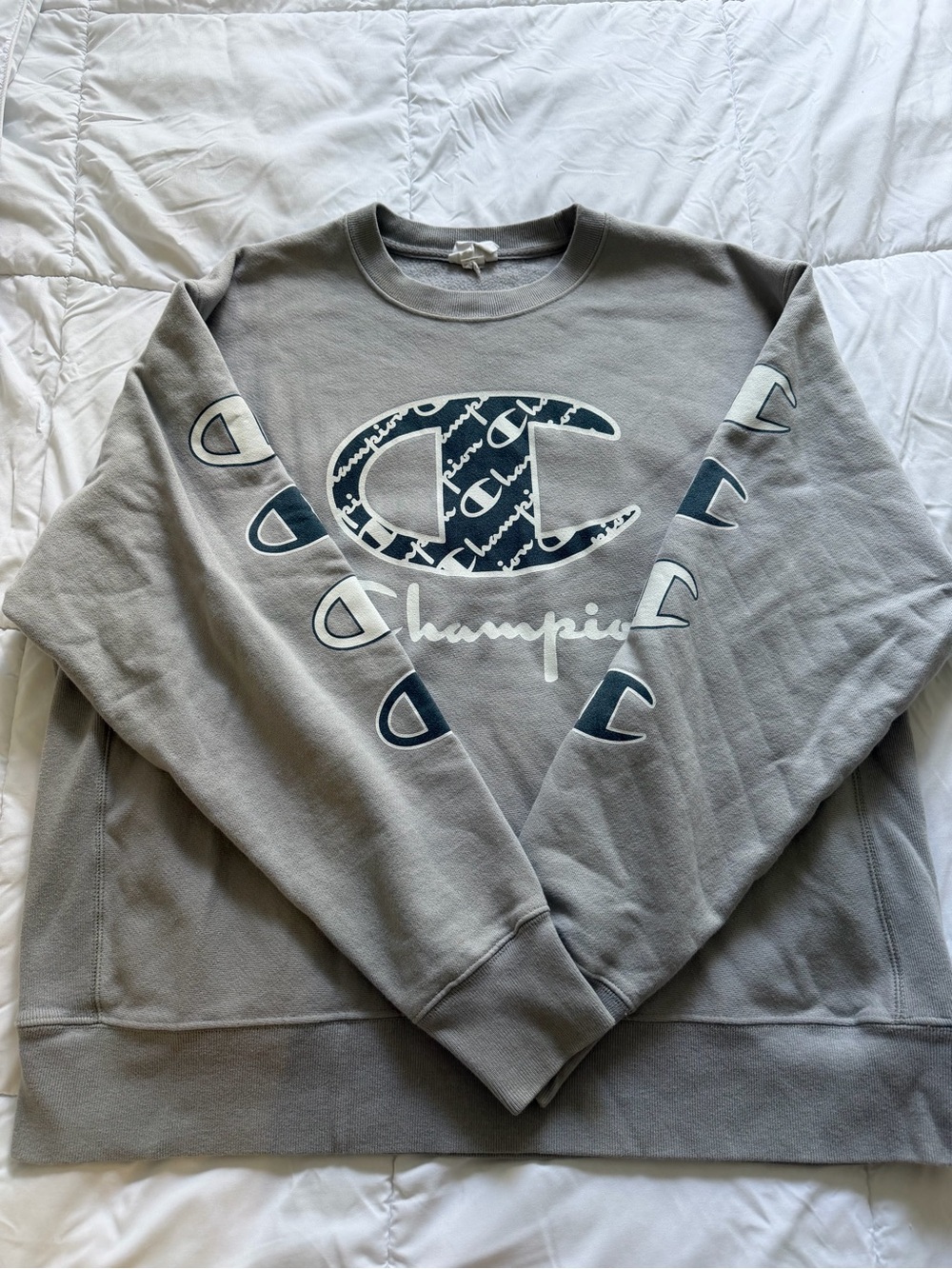 Champion Crewneck Sweatshirt in Gray with Navy Logo Accents
